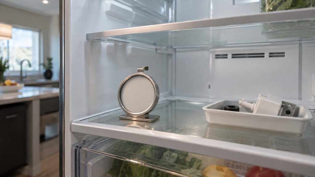 Close-up of the interior back wall and shelves of a built-in refrigerator with a thermometer resting on a shelf, seen at a low three-quarter angle, with a small parts tray beside it.