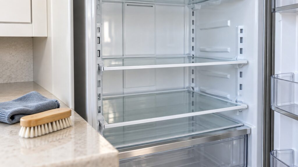 Close-up of the interior back wall and shelves of a built-in refrigerator mid-clean, with a cloth and a brush on the counter beside it, seen at a low three-quarter angle, with nothing else in the frame.