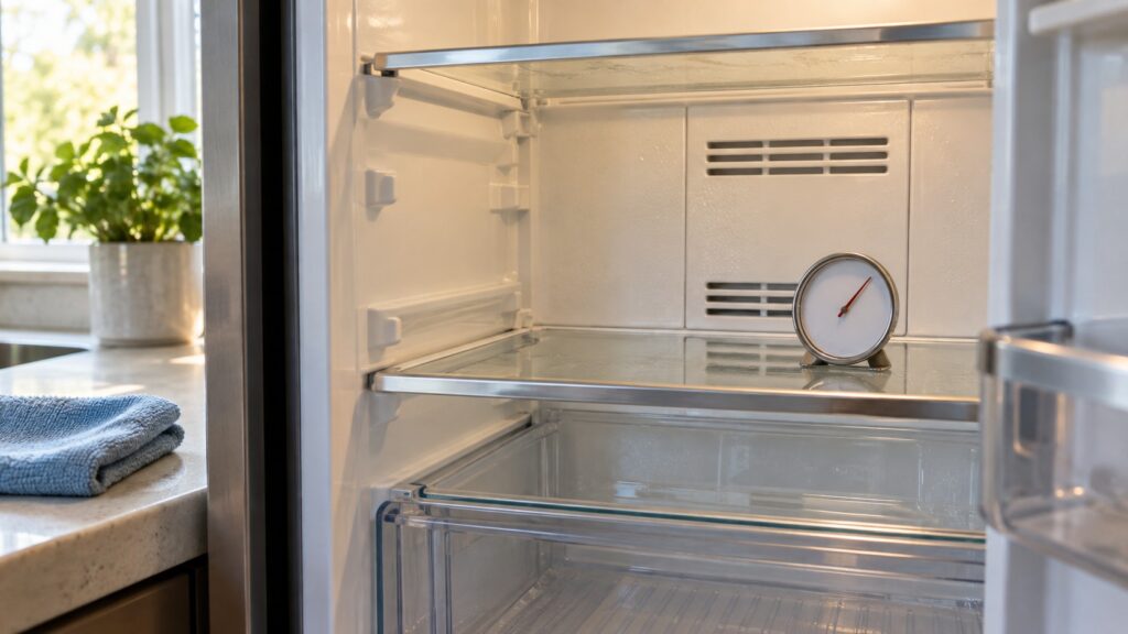 Close-up of the interior back wall and shelves of a built-in refrigerator with a thermometer resting on a shelf, framed tightly on the detail, with a folded microfibre cloth on the counter nearby.