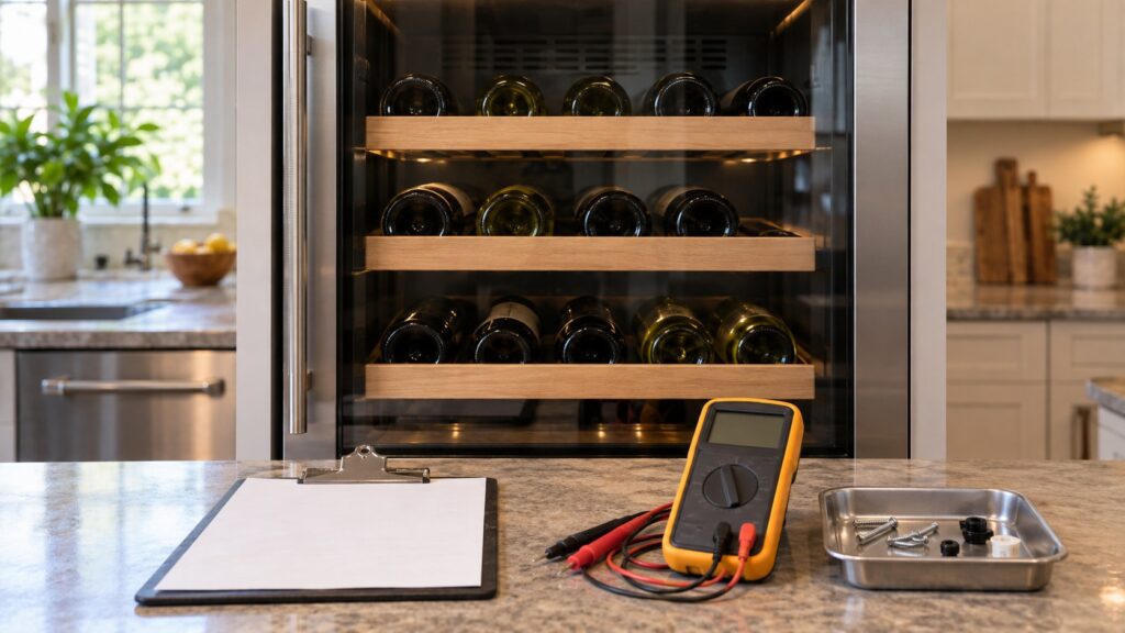 Close-up of the glass door and wooden shelves of a wine cabinet with a technician's clipboard and multimeter on the counter, seen straight on from the front, with a small parts tray beside it.