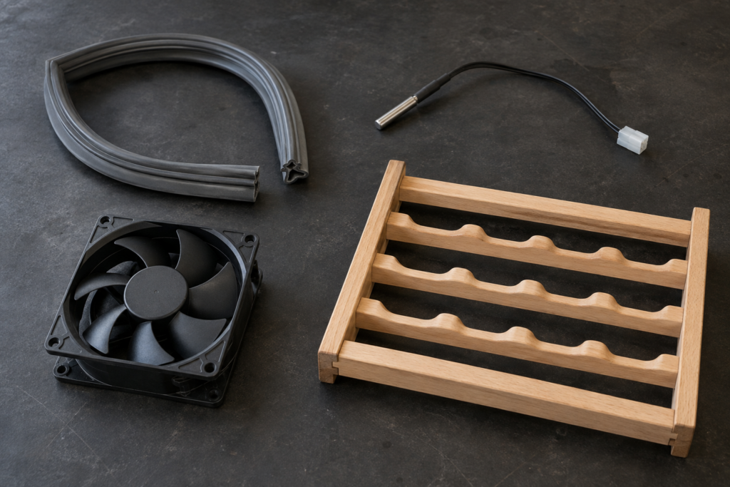 A section of door gasket, a thermistor probe, an axial condenser fan and a wooden wine shelf lie side by side on a dark matte bench top.