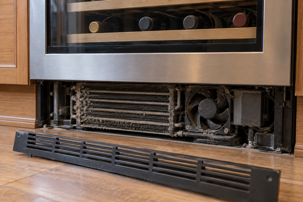 The lower toe grille has been removed from a built-in undercounter wine cabinet, exposing a dust-loaded condenser coil and fan behind the opening.