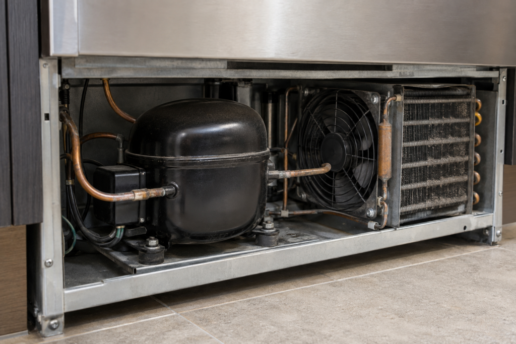 The open lower compressor compartment of a built-in undercounter refrigeration cabinet, a black compressor with copper tubing and a condenser fan beside it.