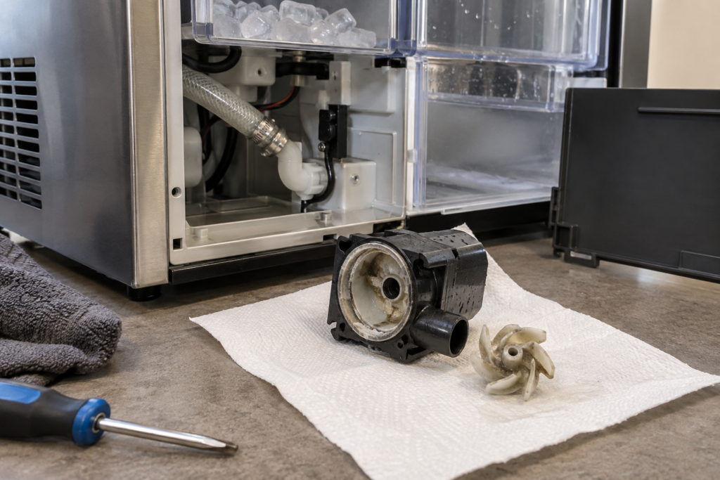 A small drain pump with a visible impeller removed from a clear ice machine, resting on a paper towel beside the open compartment it came from.