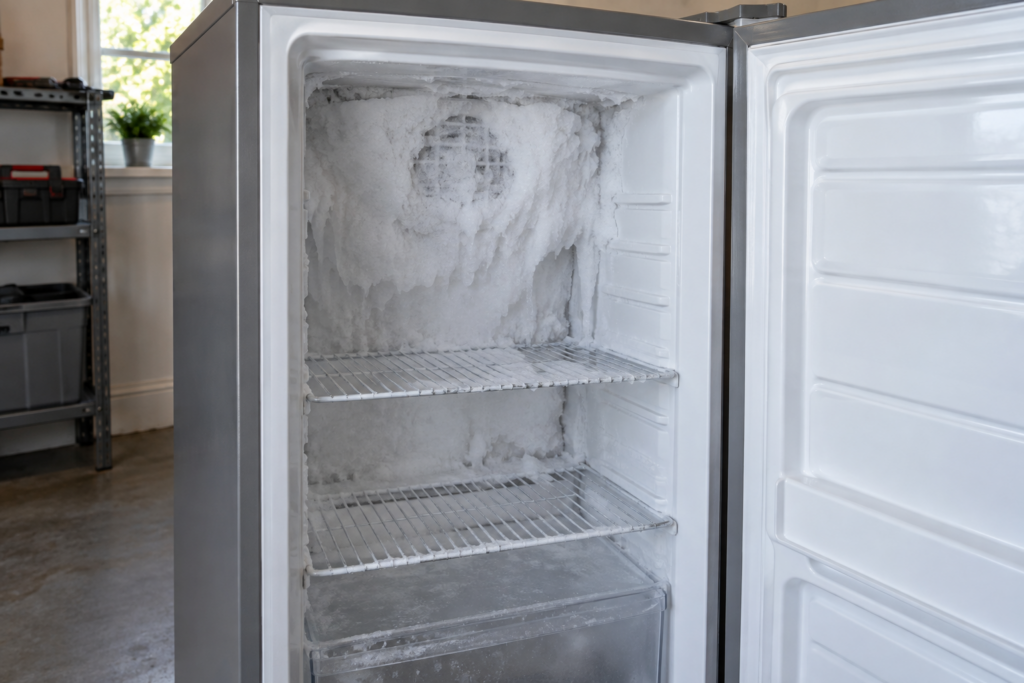 The open door of a freestanding freezer column, a thick layer of frost and ice built up on the rear wall and fan area, almost covering the fan grille.