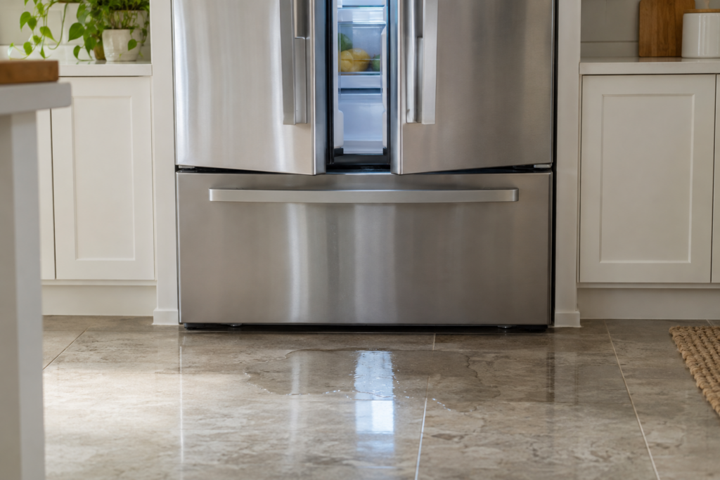 The lower section of a built-in French-door refrigerator, both doors slightly open, a small puddle of water on the floor in front of the cabinet reflecting the light.