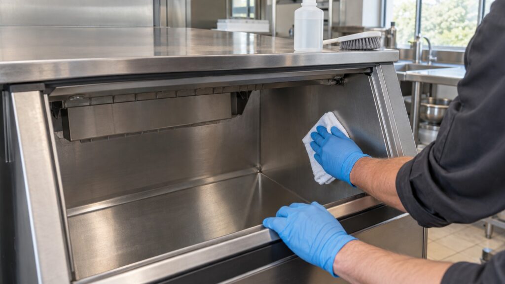 A pair of hands in blue nitrile gloves wipes the inside of an empty stainless steel ice machine bin with a white cloth, a bottle of cleaning solution and a soft brush on the counter above.