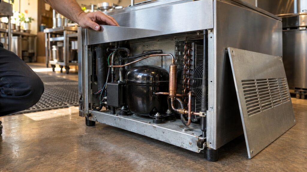 The rear compressor compartment of an undercounter refrigeration unit pulled out onto a kitchen floor, black compressor and copper lines visible behind the removed rear panel.
