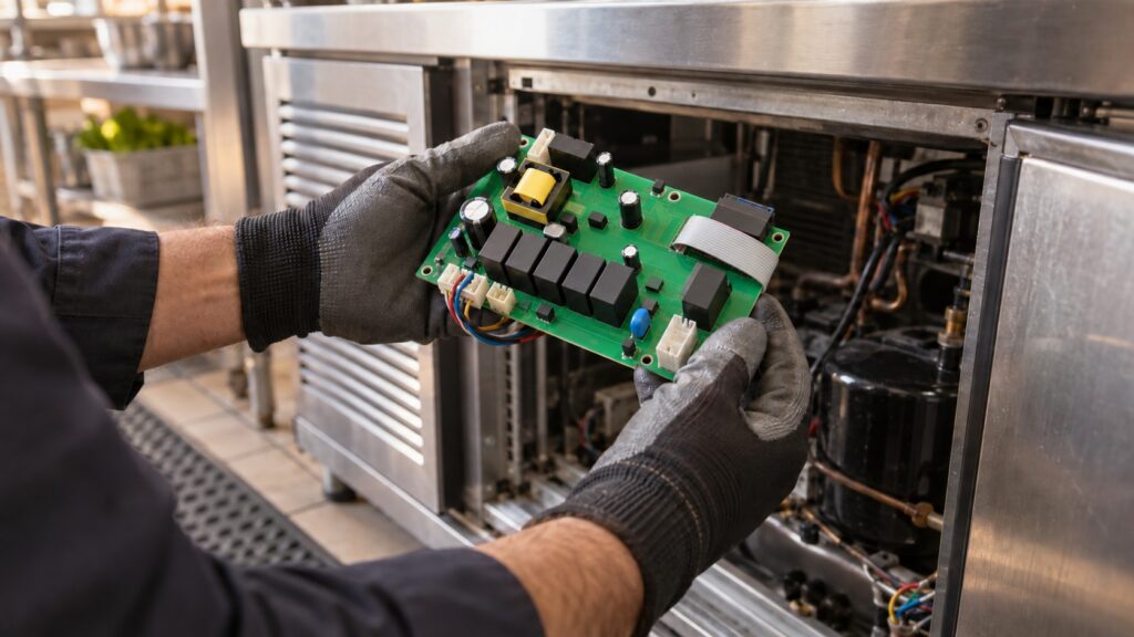 A green printed circuit board with relays and ribbon connectors is held in a technician's gloved hands over an open undercounter refrigeration cabinet.