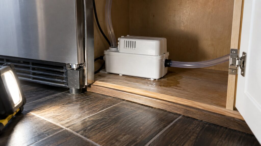 A small white condensate drain pump and its clear discharge tubing sit on the floor of a kitchen cabinet beneath a pulled-out undercounter ice machine, with a damp patch on the cabinet base.