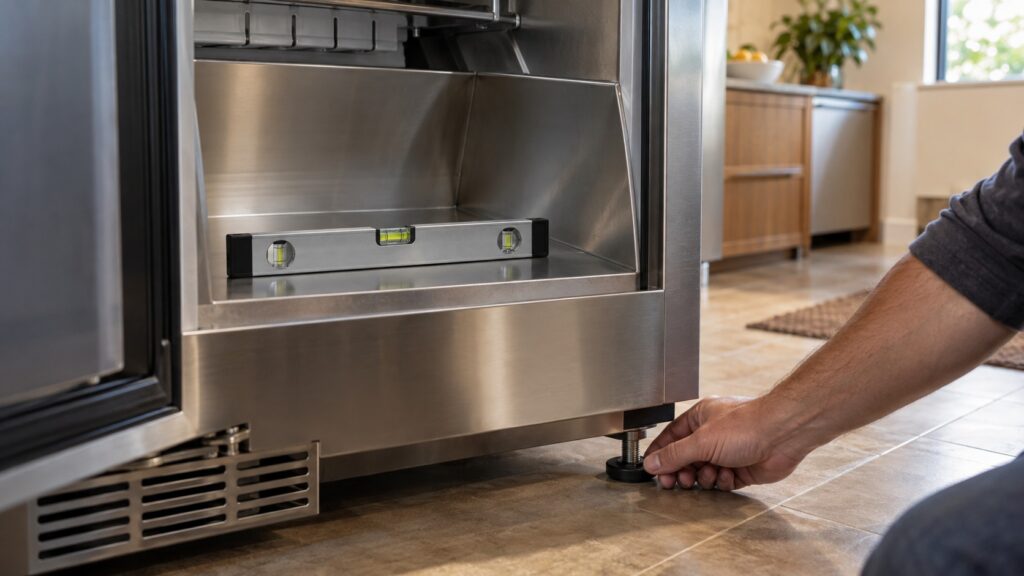 A spirit level lies across the floor of an empty stainless steel ice machine bin in an undercounter unit while a hand adjusts a threaded levelling foot at the front of the cabinet.