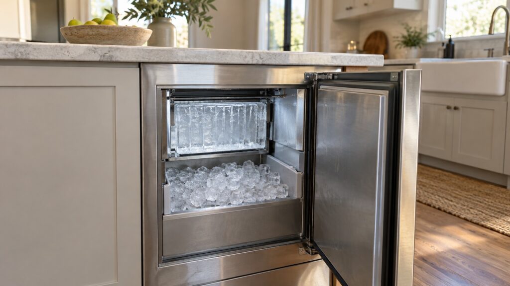 An undercounter stainless steel clear ice machine built into a kitchen island cabinet stands open, showing a vertical evaporator plate with a thick slab of clear ice bridged across it above a full ice bin.