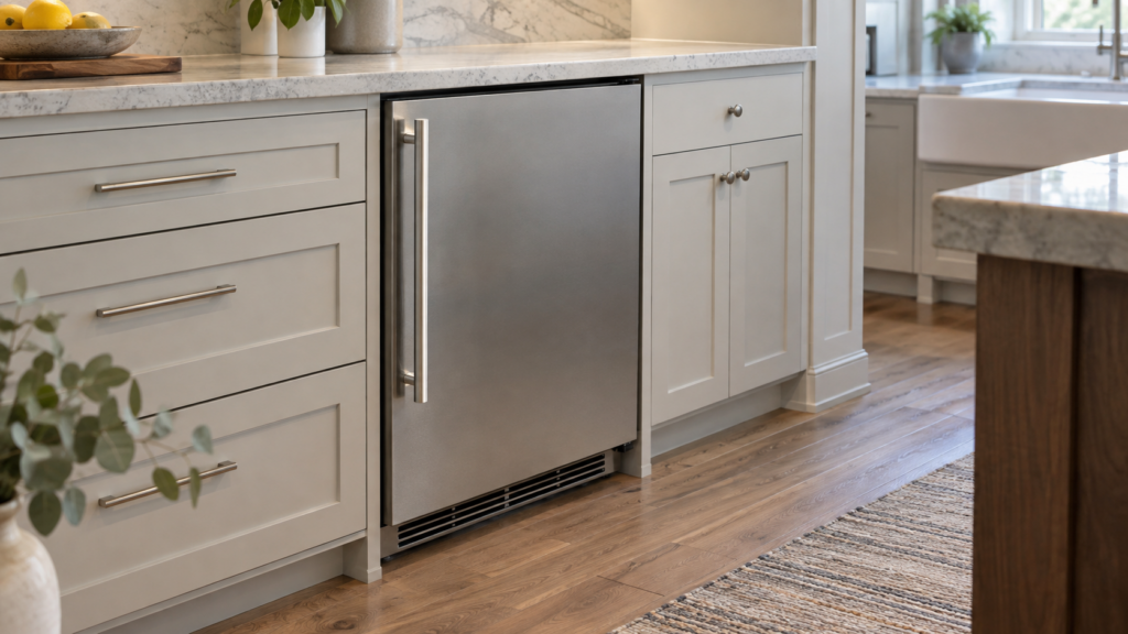 A built-in undercounter refrigeration cabinet set into kitchen cabinetry, door closed, a narrow toe-kick vent visible beneath it.