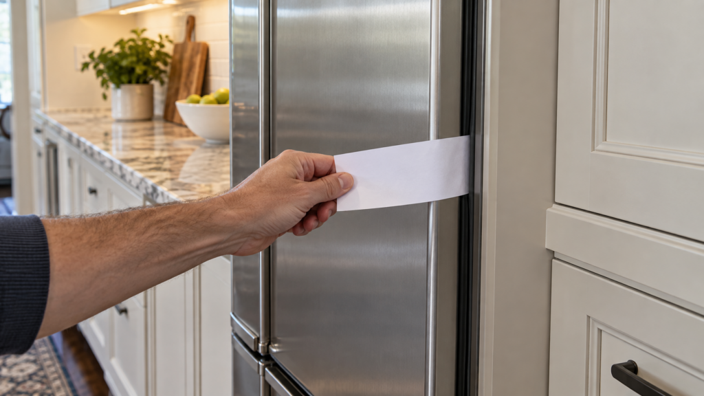 A hand pulling a strip of paper from the closed door gasket of a built-in refrigeration cabinet to test the seal.
