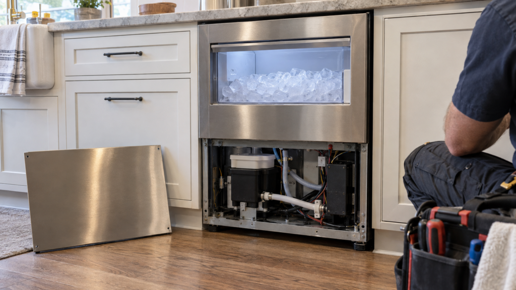 The front of a built-in clear ice machine, its lower service panel removed and set aside.