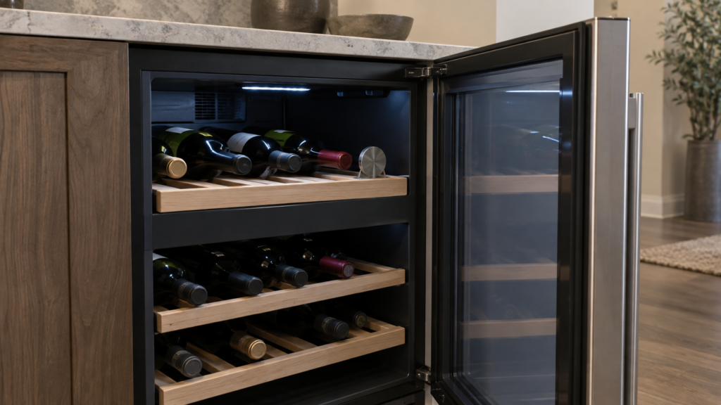 An undercounter dual-zone wine cabinet stands open, showing the horizontal divider between its two compartments of wooden shelves and bottles.