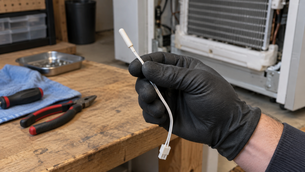 A gloved hand holding a small wired thermistor sensor removed from a refrigeration cabinet, a home workbench surface below it.
