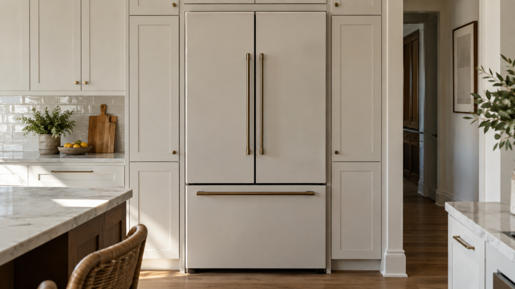 The front of a built-in French-door refrigerator, both doors closed, integrated panel-ready cabinetry around it.