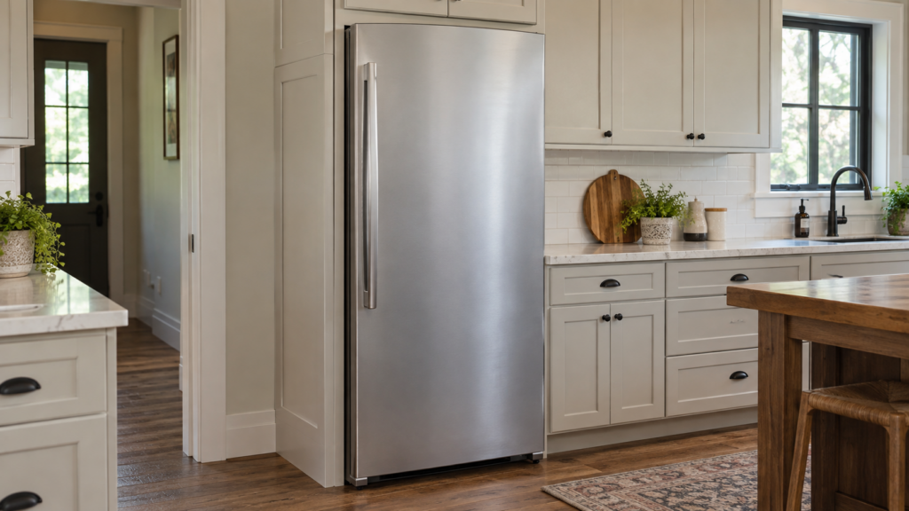 The front of a freestanding freezer column, door closed, set into surrounding cabinetry.