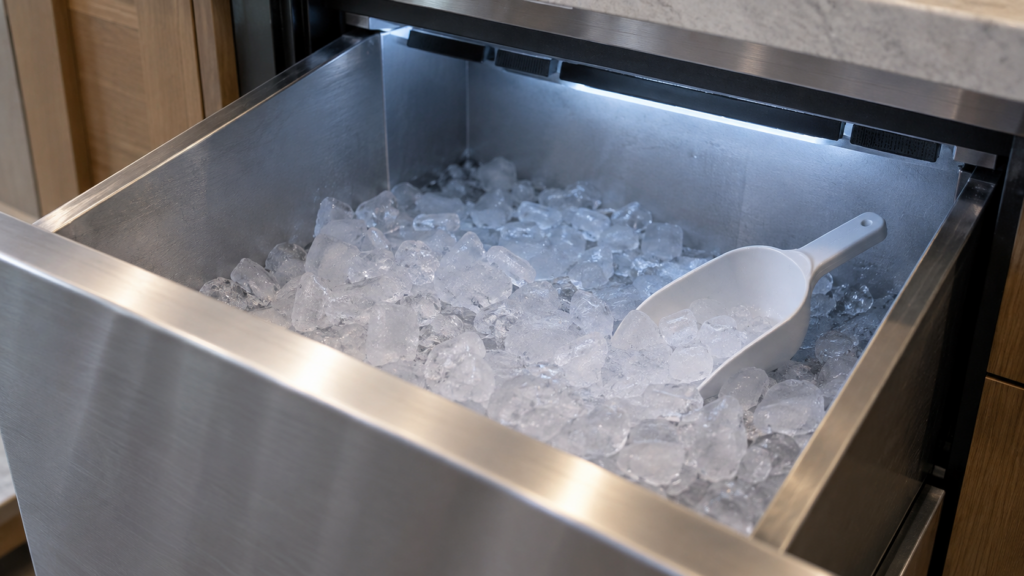 The storage bin of an undercounter ice maker is pulled open with a plastic scoop resting in a shallow layer of uneven, part-fused ice.
