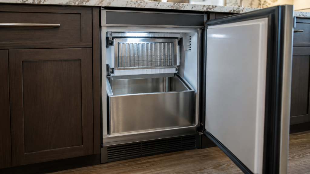 An undercounter ice maker built into a cabinet run stands open, showing its metal evaporator plate above an empty stainless storage bin.