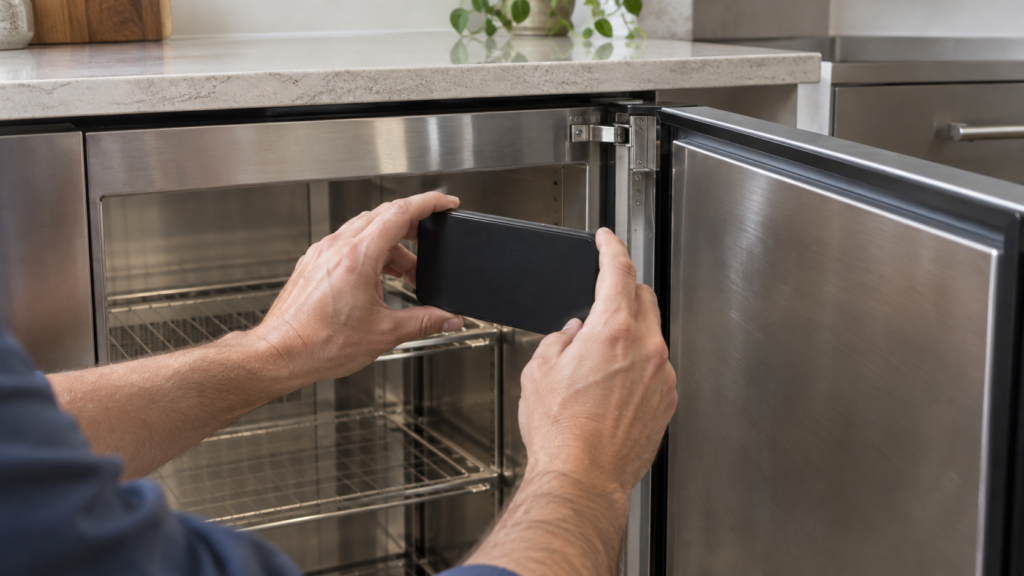 Hands hold a smartphone, its screen turned away, photographing the inner door frame of an open undercounter stainless cabinet.