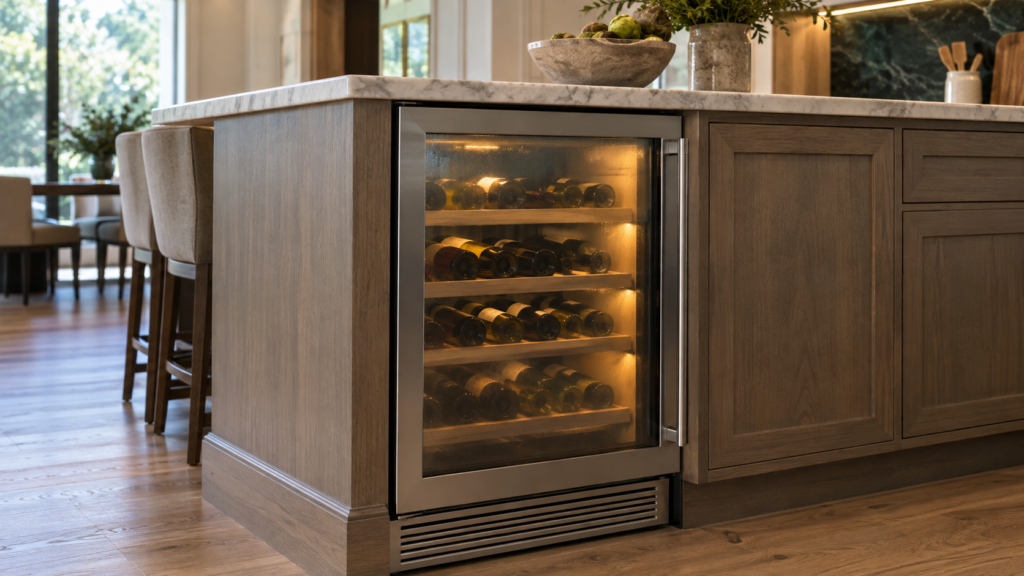 An undercounter wine cabinet sits in a kitchen island with bottles on wooden shelves behind its lightly fogged glass door.