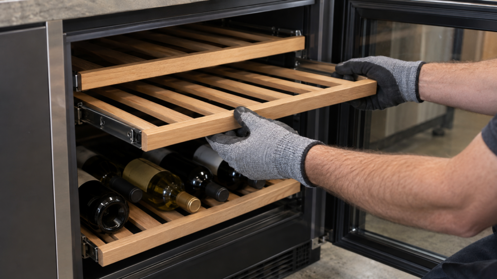 Gloved hands ease a wooden wine shelf out of the runners of an undercounter wine cabinet, bottles resting on the shelf below.