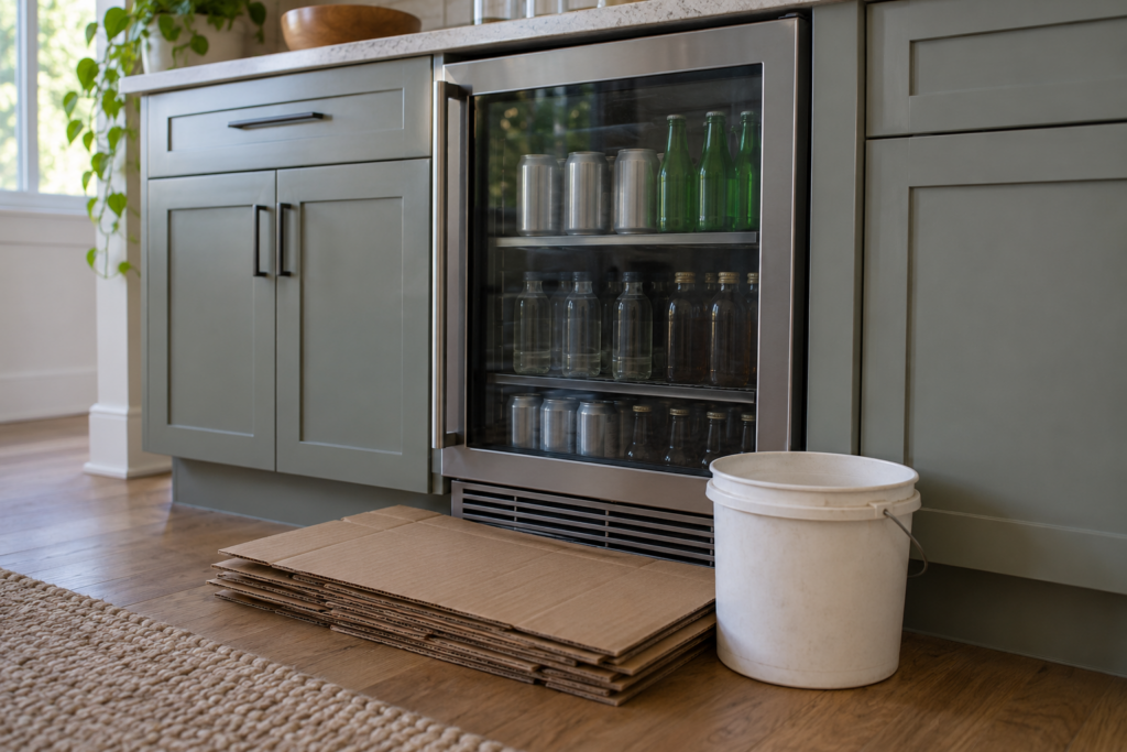 Flattened boxes and a bucket stacked against the lower grille of a built-in beverage refrigerator.