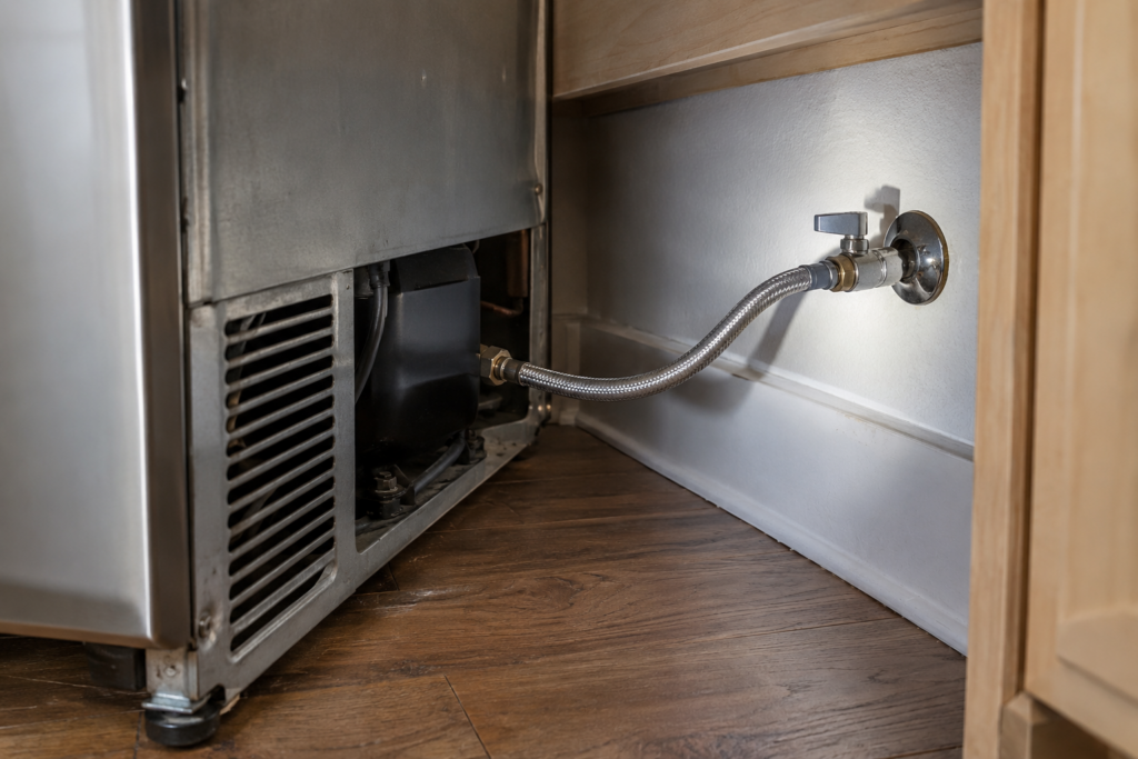 The rear lower corner of a built-in undercounter refrigerator pulled slightly forward, a braided water supply line running to a small shutoff valve on the wall, flashlight beam from the side, no hands in frame.
