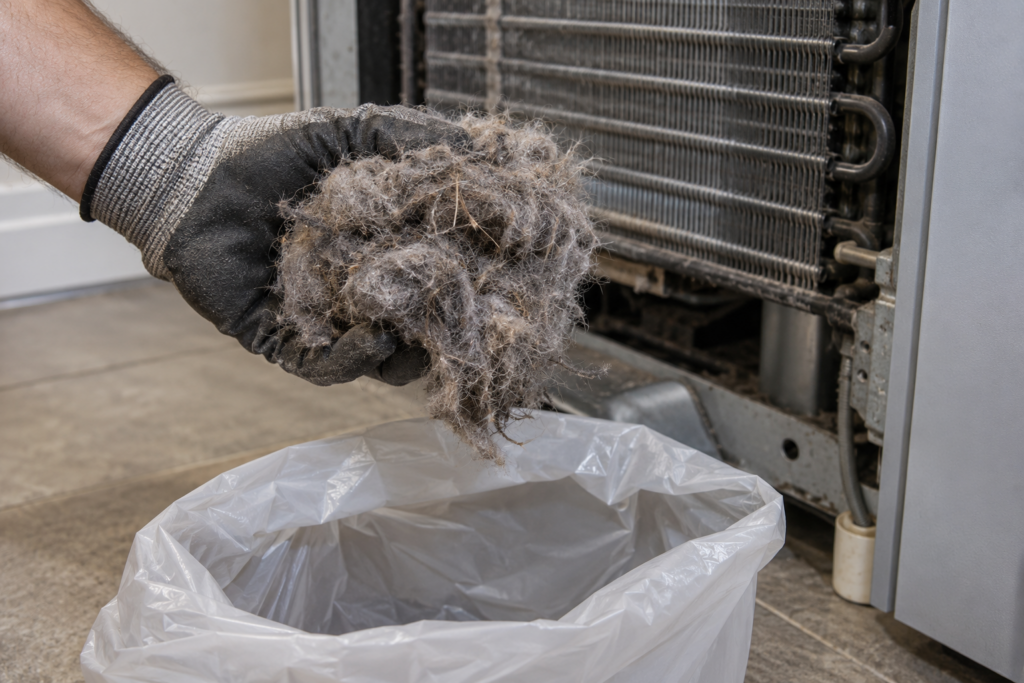 A gloved hand holding up a matted clump of gray dust and pet hair just lifted from condenser fins, a trash bag open below it, floor-level light, no face.