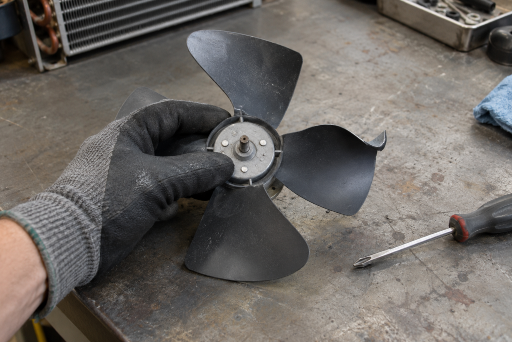 A gloved hand holds a condenser fan blade assembly with one bent blade tip over a workbench.