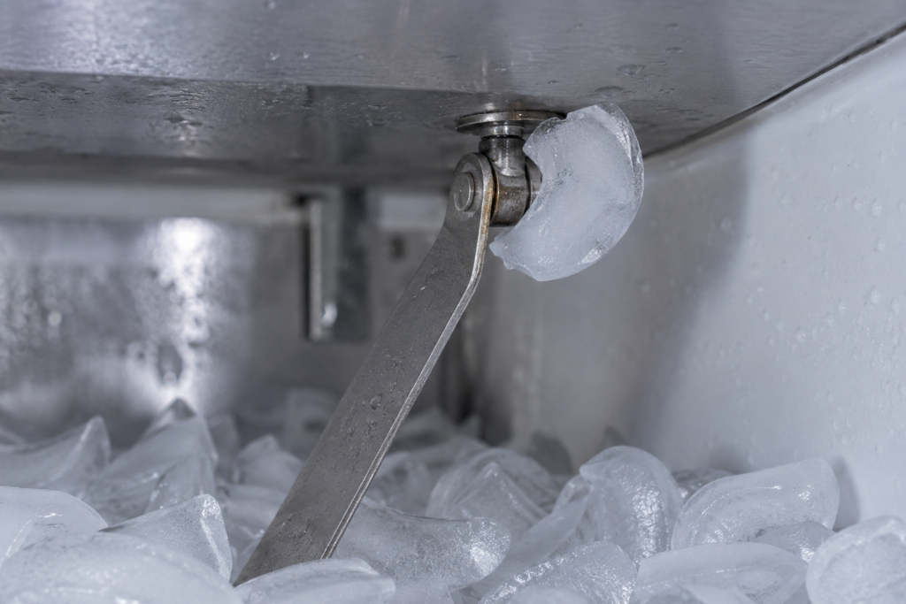 A close view of the pivot of a thin metal arm at the top of an ice bin with a crescent cube pressed against it.