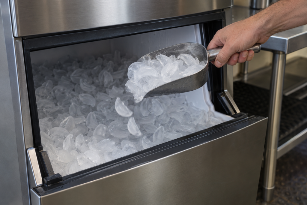 A scoop lifts a heap of crescent-shaped ice from the bin of an undercounter ice machine.