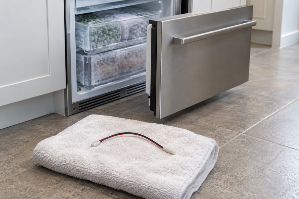 A short two-wire sensor lead with a small plastic connector lying on a folded towel beside an open freezer drawer.