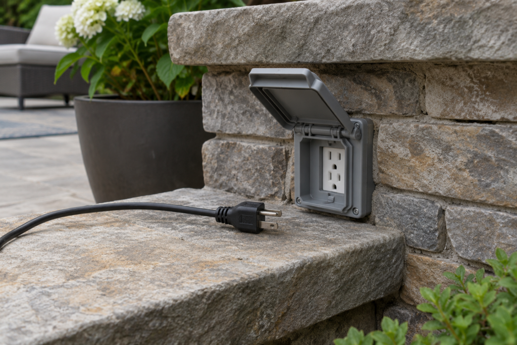 A weatherproof outdoor receptacle with its cover flipped open and a three-prong plug pulled out and lying beside it on a stone patio ledge, soft overcast light, no hands in frame.