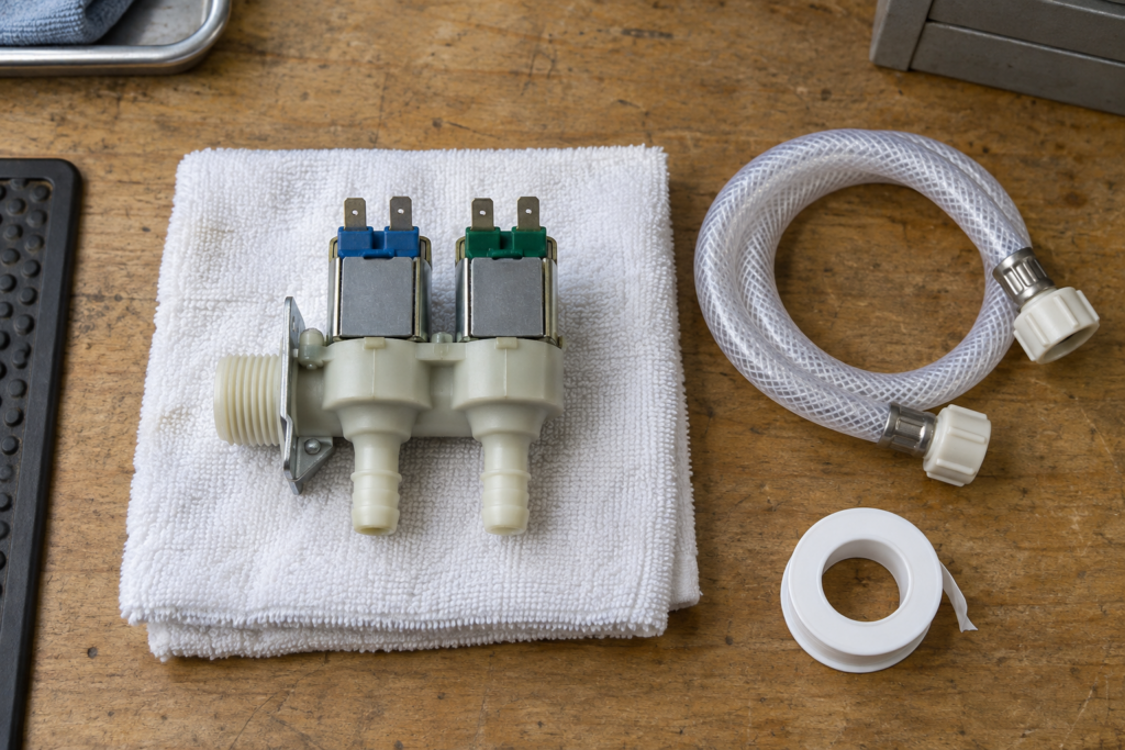 A water inlet valve with two coil terminals and hose barbs on a folded towel beside a coiled hose.