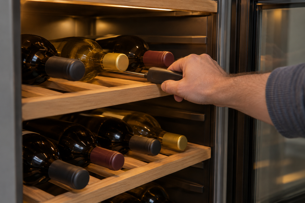 A hand holding a small digital probe thermometer between wine bottles on a wooden shelf inside an undercounter wine cabinet, the thermometer screen turned away from the camera, soft amber shelf lighting.