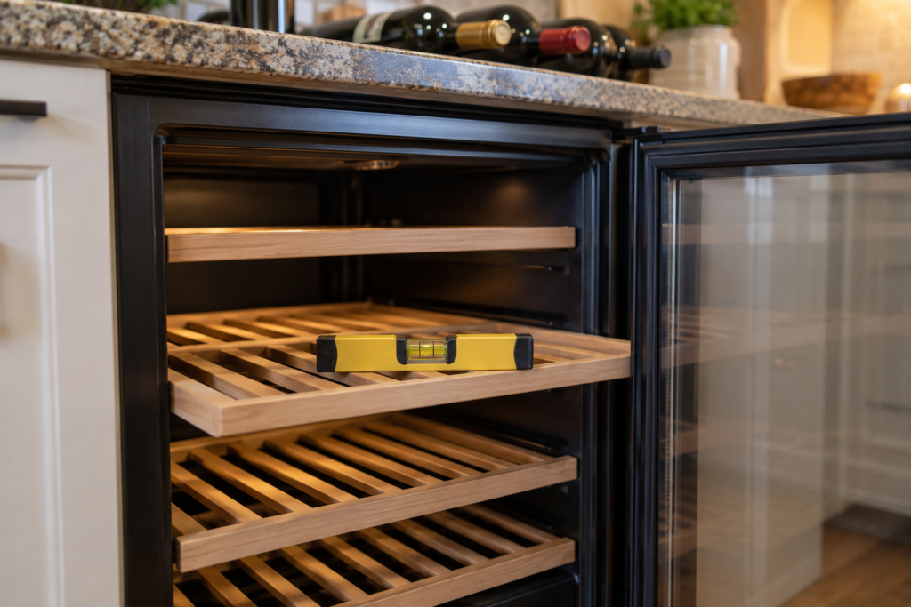 A small spirit level lying across a wooden wine shelf inside an open undercounter wine fridge with the bubble centered.