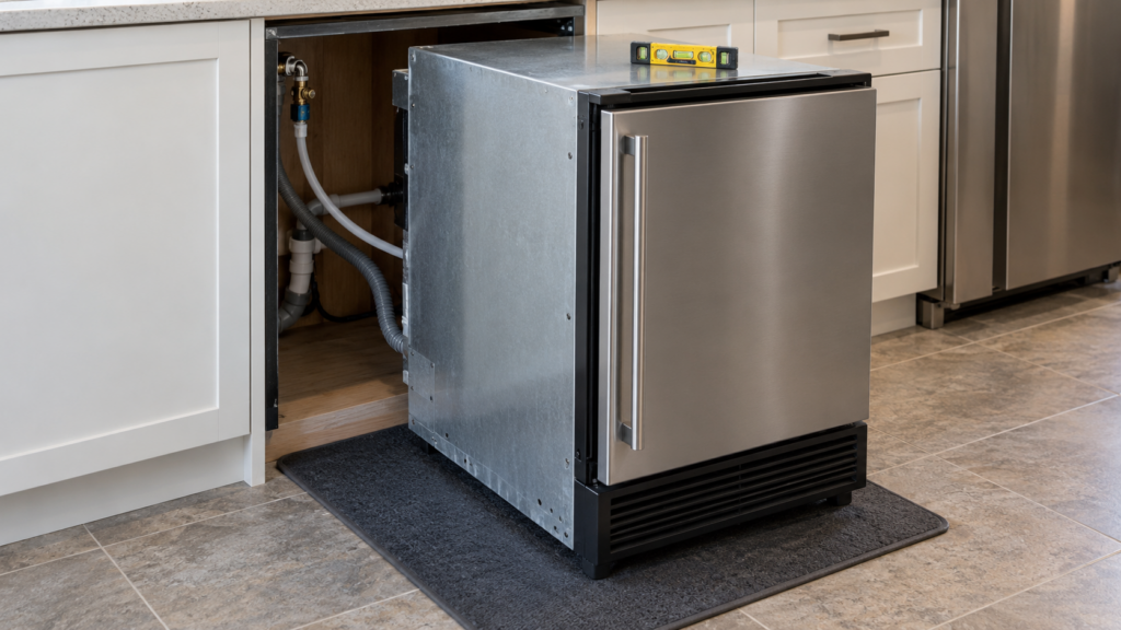An undercounter ice machine slid halfway out of its cabinet with a spirit level on top and water lines visible behind.