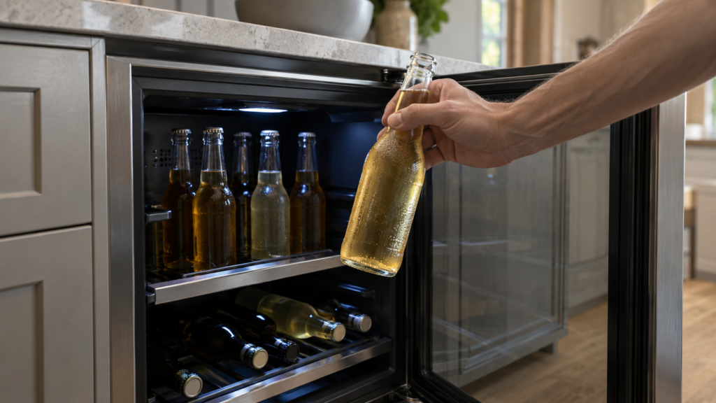 A hand holds a bottle up from the open door of a dim undercounter beverage refrigerator.
