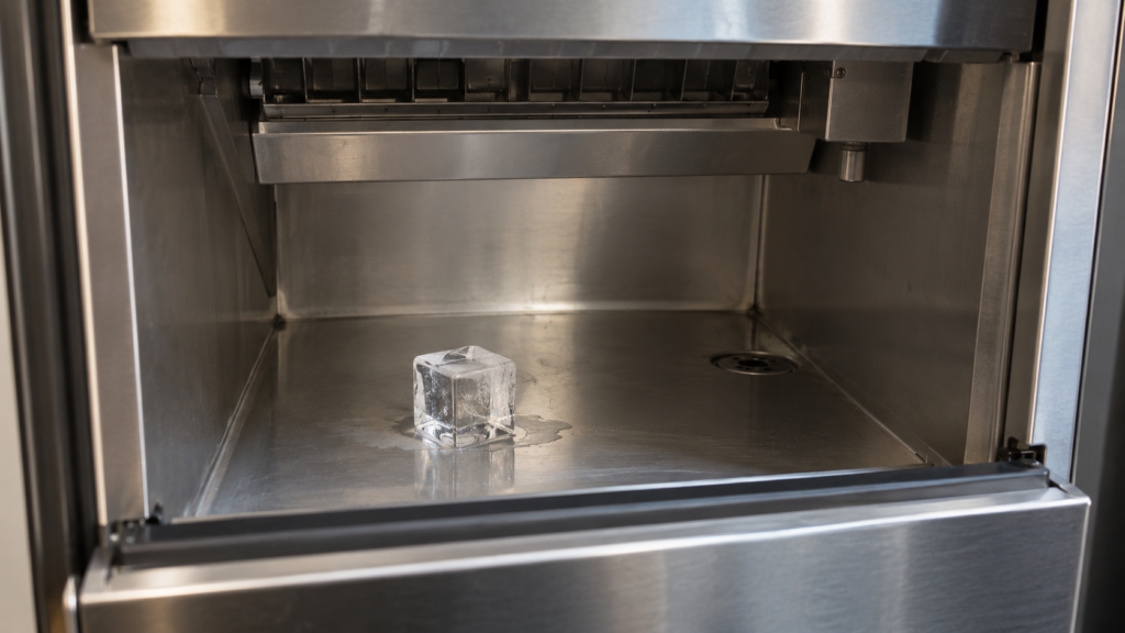 A single large clear ice cube resting on the floor of an otherwise empty stainless ice machine bin.