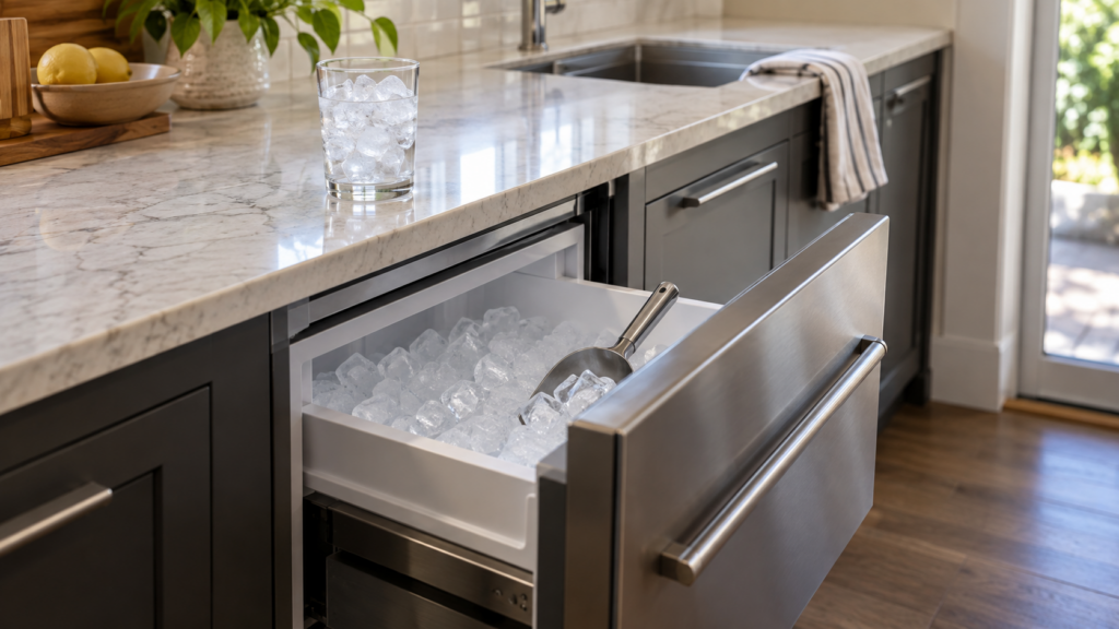 An undercounter refrigerator with its small ice bin drawer pulled out and filled with clear cubes, a scoop resting in the bin and a glass of ice on the counter above, an American kitchen, bright morning light.