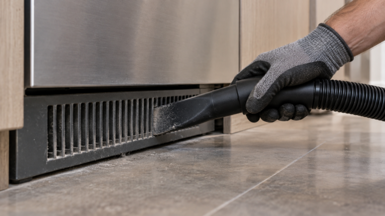 A vacuum hose nozzle held against the narrow vertical slots of the lower grille of a built-in undercounter cabinet, gray dust visible on the nozzle, floor-level view, a gloved hand, no face.
