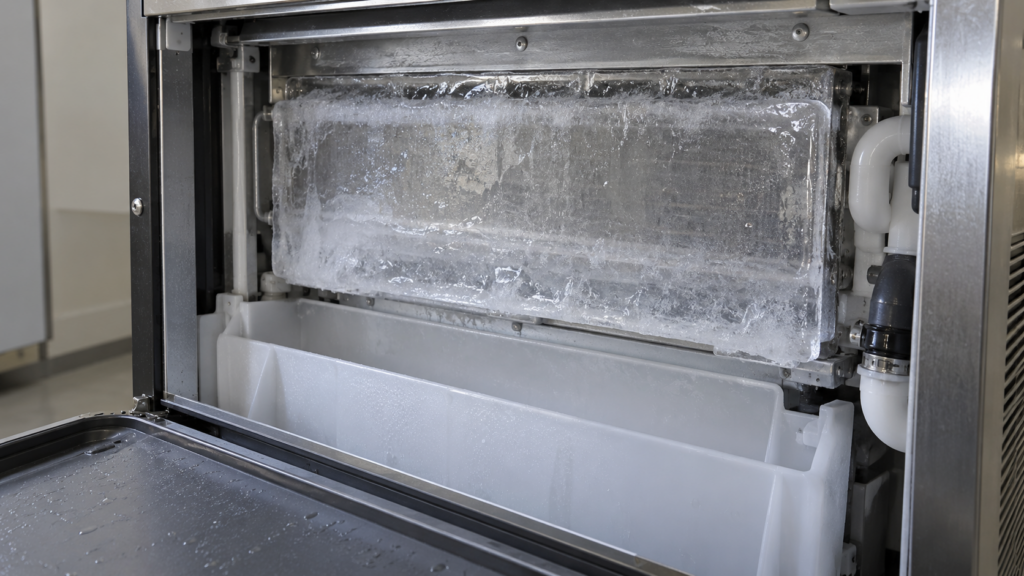 A thick unbroken slab of clear ice fused across a metal evaporator plate inside an opened undercounter ice machine, cold side light, no hands in frame.