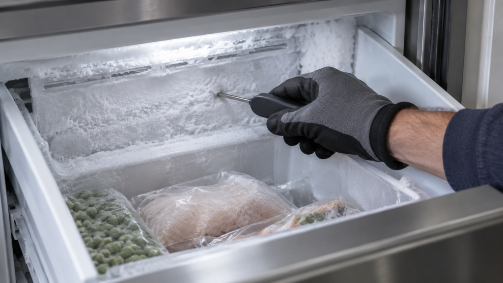 A gloved hand holding a small thermometer probe against the back wall of an open undercounter freezer drawer.