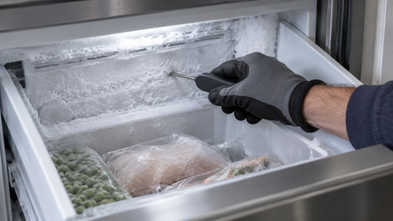A gloved hand holding a small thermometer probe against the back wall of an open undercounter freezer drawer.