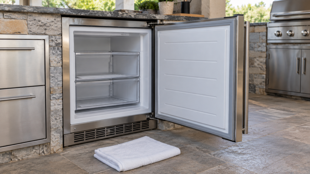 A stainless built-in freezer with its door propped open and an empty, dry interior, a folded towel on the floor in front of it, a covered outdoor kitchen with mild light, no snow, no frost.