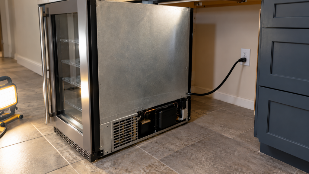 The power cord of an undercounter unit running from the back of a pulled-forward cabinet to a wall outlet.