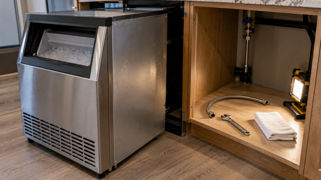 A small wrench and a braided supply line on the floor of the cabinet behind a pulled-forward ice machine.